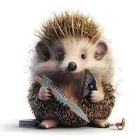 Igel mit ein Messer auf ein Weiß Hintergrund. 3d Illustration, ai generativ Bild foto