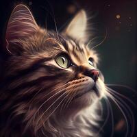 Porträt von ein Maine Waschbär Katze auf ein dunkel Hintergrund., ai generativ Bild foto