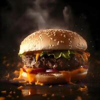 groß lecker Cheeseburger mit Fleisch, Gemüse und Soße auf dunkel Hintergrund, ai generativ Bild foto