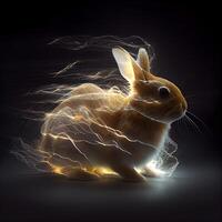 Hase mit Blitz auf ein schwarz Hintergrund. 3d Illustration., ai generativ Bild foto