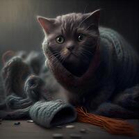 süß grau Katze im ein gestrickt Schal auf ein dunkel Hintergrund, ai generativ Bild foto