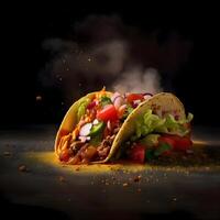 Tacos mit Fleisch und Käse auf ein schwarz Hintergrund, schließen hoch, ai generativ Bild foto