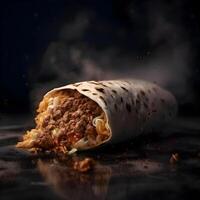 Burrito mit Fleisch, Käse und Gemüse auf ein schwarz Hintergrund., ai generativ Bild foto