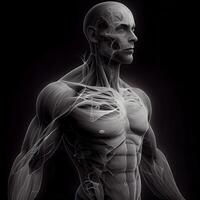 Mensch Anatomie - - männlich Muskeln mit sichtbar Skelett auf schwarz Hintergrund, ai generativ Bild foto