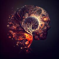Mensch Kopf mit abstrakt Baum auf dunkel Hintergrund. Illustration zum Ihre Design, ai generativ Bild foto
