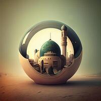 Planet mit Moschee auf das Hintergrund von das Wüste. 3d Wiedergabe, ai generativ Bild foto