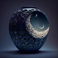 Keramik Vase mit Mond und Sterne auf ein dunkel Hintergrund, ai generativ Bild foto