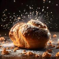 frisch gebacken Croissant mit Sesam Saat auf schwarz Hintergrund, ai generativ Bild foto