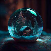 Schnee Globus mit Haus im das Wald. Weihnachten und Neu Jahr Konzept., ai generativ Bild foto