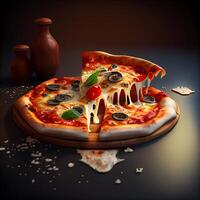 Pizza mit Mozzarella Käse, Tomaten und Basilikum auf schwarz Hintergrund, ai generativ Bild foto
