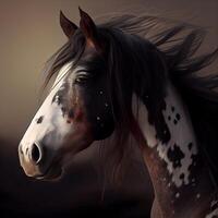 Porträt von ein Pferd mit lange Mähne auf ein dunkel Hintergrund, ai generativ Bild foto