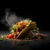 Taco mit Fleisch und Gemüse spritzt auf ein schwarz Hintergrund., ai generativ Bild foto