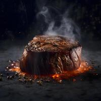 gegrillt Rindfleisch Steak mit Gewürze und Rauch auf ein schwarz Hintergrund., ai generativ Bild foto