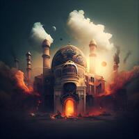 Moschee im das Rauch. Illustration auf ein dunkel Hintergrund., ai generativ Bild foto