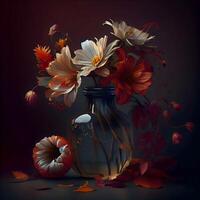 immer noch Leben mit ein Strauß von Blumen im ein Vase auf ein dunkel Hintergrund., ai generativ Bild foto