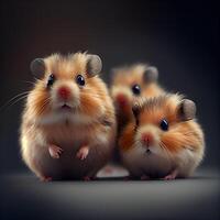 drei süß syrisch Hamster auf ein dunkel Hintergrund. 3d Wiedergabe, ai generativ Bild foto