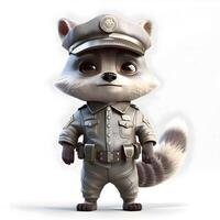 süß Karikatur Waschbär gekleidet im Polizei Uniform. 3d Wiedergabe, ai generativ Bild foto
