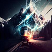 Zug auf das Eisenbahn im das Berge beim Nacht. 3d Wiedergabe, ai generativ Bild foto