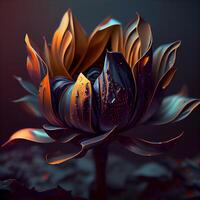 3d Rendern von ein Lotus Blume im das dunkel mit Blau und Orange Farben, ai generativ Bild foto