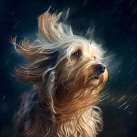 Yorkshire Terrier im das Regen auf ein dunkel Hintergrund. Digital malen., ai generativ Bild foto