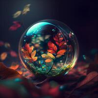 Kristall Ball mit Herbst Blätter auf dunkel Hintergrund. 3d Illustration, ai generativ Bild foto