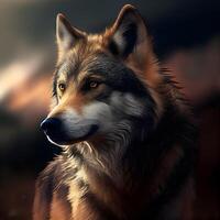 Porträt von ein Wolf auf ein dunkel Hintergrund. Digital malen., ai generativ Bild foto