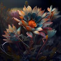 Digital 3d Illustration von ein Blume im ein Fantasie Landschaft, ai generativ Bild foto