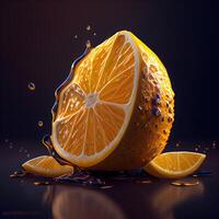 Orange Scheibe mit Tropfen von Saft auf ein schwarz Hintergrund. 3d Illustration, ai generativ Bild foto