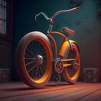 3d Rendern von ein Fahrrad im ein dunkel Zimmer mit hölzern Boden, ai generativ Bild foto