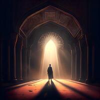 Mann Stehen im Moschee mit Licht Kommen von das Tür. 3d Wiedergabe, ai generativ Bild foto