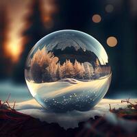 Schnee Globus mit Wald im das Hintergrund. Winter Landschaft. 3d machen, ai generativ Bild foto