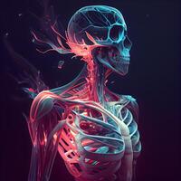 Mensch Skelett Anatomie mit hervorgehoben Rippe Käfig auf dunkel Hintergrund. 3d Wiedergabe, ai generativ Bild foto