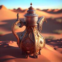 Arabisch Teekanne im das Wüste. 3d Wiedergabe., ai generativ Bild foto