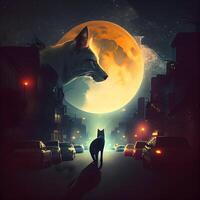 Wolf im das Stadt beim Nacht mit voll Mond. Illustration., ai generativ Bild foto