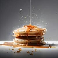 Pfannkuchen mit Honig und Ahorn Sirup auf ein schwarz Hintergrund., ai generativ Bild foto
