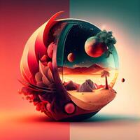 3d Illustration von ein Planet mit ein Sonne und ein Palme Baum, ai generativ Bild foto