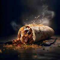 Burrito mit Fleisch, Gemüse und Käse auf ein schwarz Hintergrund., ai generativ Bild foto