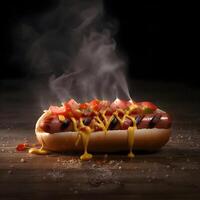 heiß Hund mit Senf und Ketchup auf ein schwarz Hintergrund mit Rauch, ai generativ Bild foto