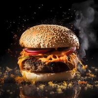 köstlich Hamburger mit fliegend Zutaten auf schwarz Hintergrund, schnell Essen Konzept, ai generativ Bild foto