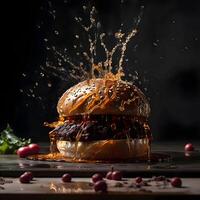 Burger mit spritzt von Saft und Früchte auf ein schwarz Hintergrund, ai generativ Bild foto
