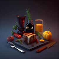 3d Illustration von Halloween Tabelle mit Essen und Glas von Saft, ai generativ Bild foto