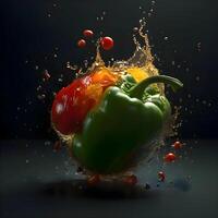 frisch Gemüse fallen in Wasser mit Spritzen auf schwarz Hintergrund. gesund Essen Konzept., ai generativ Bild foto
