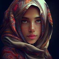 Porträt von ein schön jung Muslim Frau mit traditionell orientalisch Kopftuch., ai generativ Bild foto