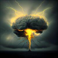 Brainstorming Konzept wie ein Mensch Gehirn mit Blitz im das stürmisch Himmel wie ein 3d Illustration., ai generativ Bild foto