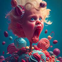 überrascht Gesicht von ein Engel mit Süßigkeiten. 3d Wiedergabe, ai generativ Bild foto