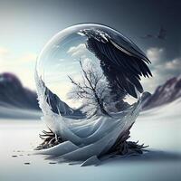 Kristall Ball mit das Bild von ein Adler auf das Hintergrund von Winter Landschaft, ai generativ Bild foto