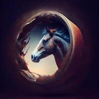 Pferd Kopf im ein runden Loch. künstlerisch Illustration. Grunge Hintergrund., ai generativ Bild foto