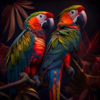 schön Ara Papageien auf ein Ast auf ein dunkel Hintergrund, ai generativ Bild foto