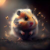 Hamster im das Staub auf ein dunkel Hintergrund. 3d Wiedergabe, ai generativ Bild foto