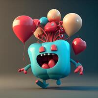 komisch Monster- mit Luftballons. 3d Illustration. 3d Wiedergabe., ai generativ Bild foto